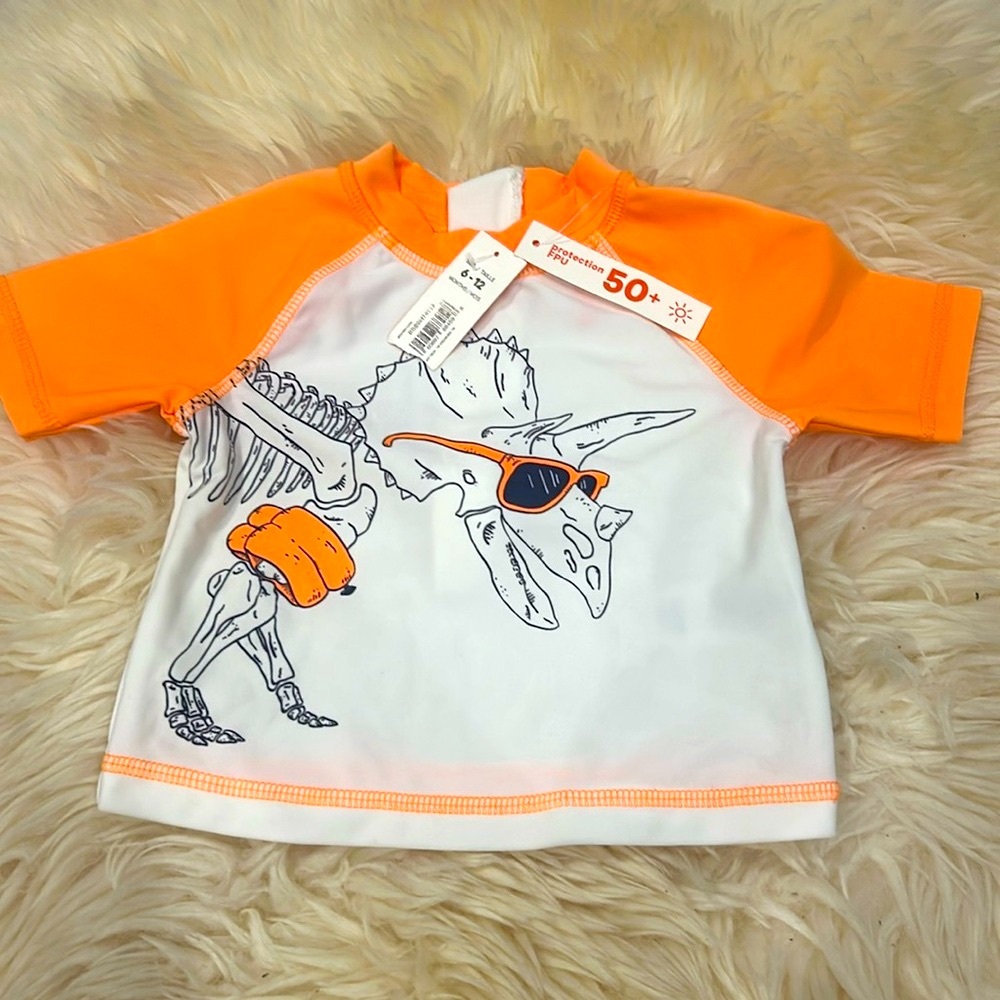 Baby Swimmimg Shirt Rashguard in Dinosaur With Zipper White & Orange 6-12Mo